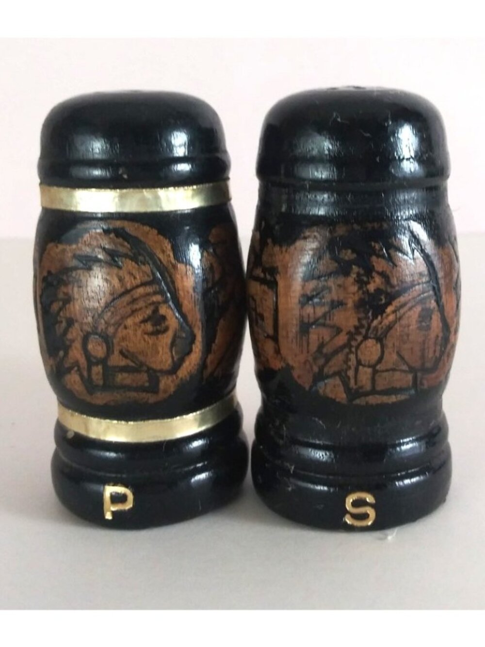 Vintage Native American Indian Wooden Stein 3" Salt & Pepper Shakers - Picture 1 of 5